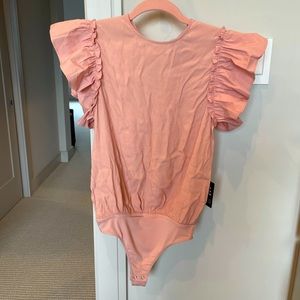 Express ruffle sleeve thong bodysuit.